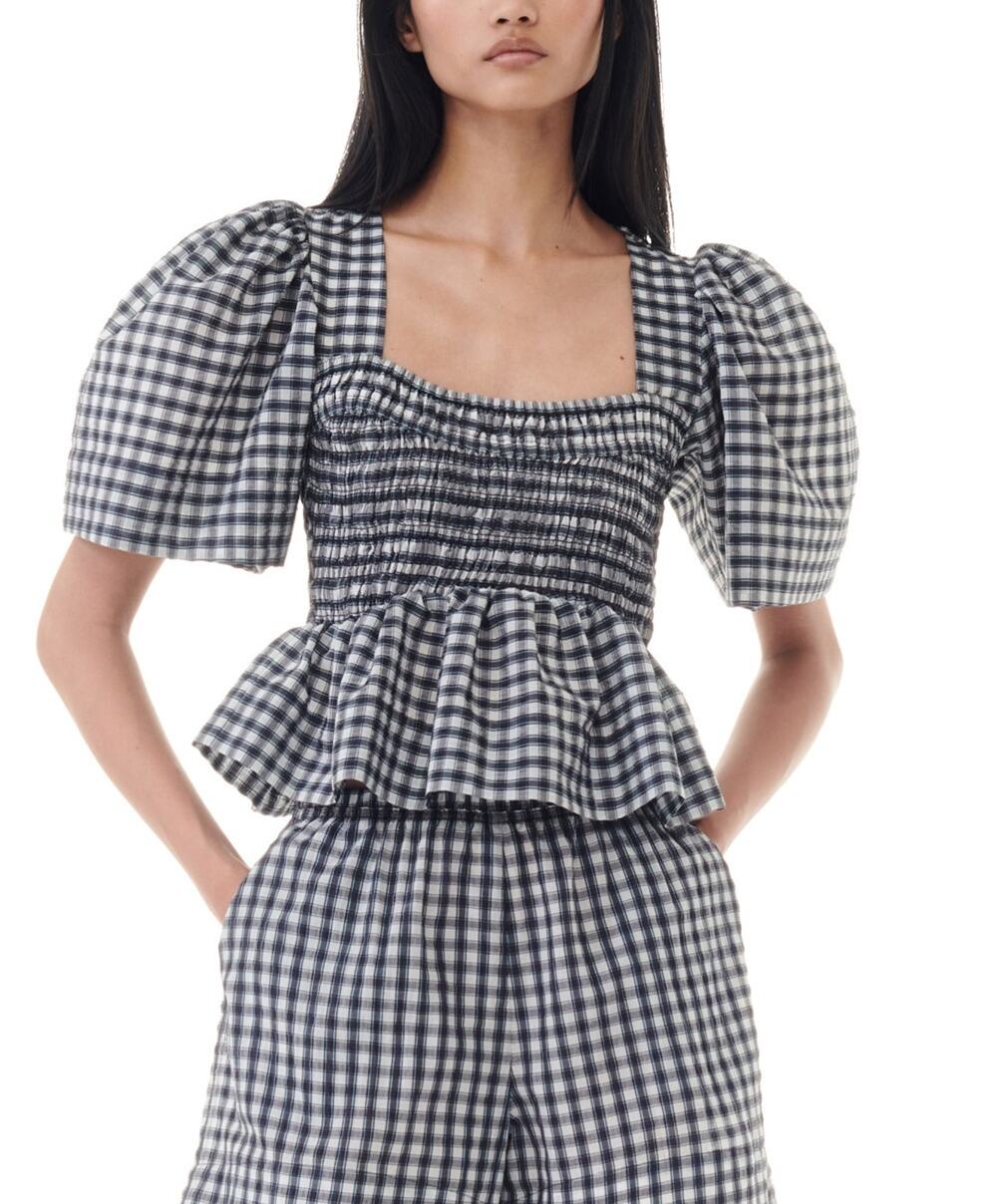 Ganni Seersucker Checked Egret Open-Neck Smock Blouse Size FR 36 / US 4